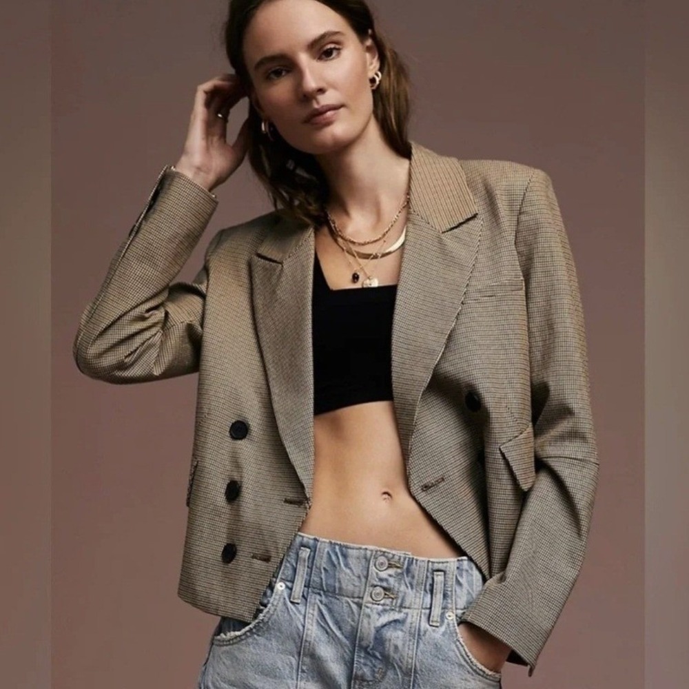 Free People‎ Betty Blazer Houndstooth Cropped Brown Small